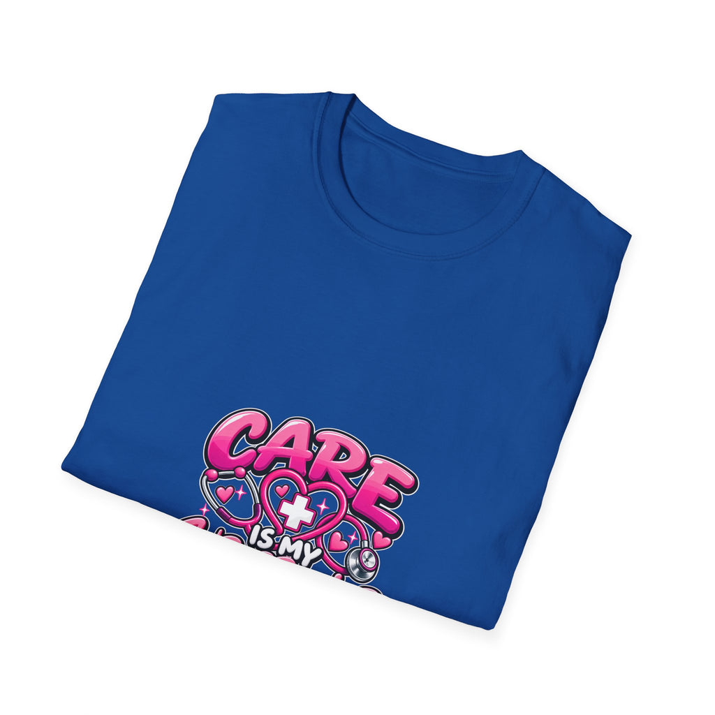 Care Is My Superpower T-Shirt — Cute Pink Heartcare Graphic Tee for Nurses & Caregivers