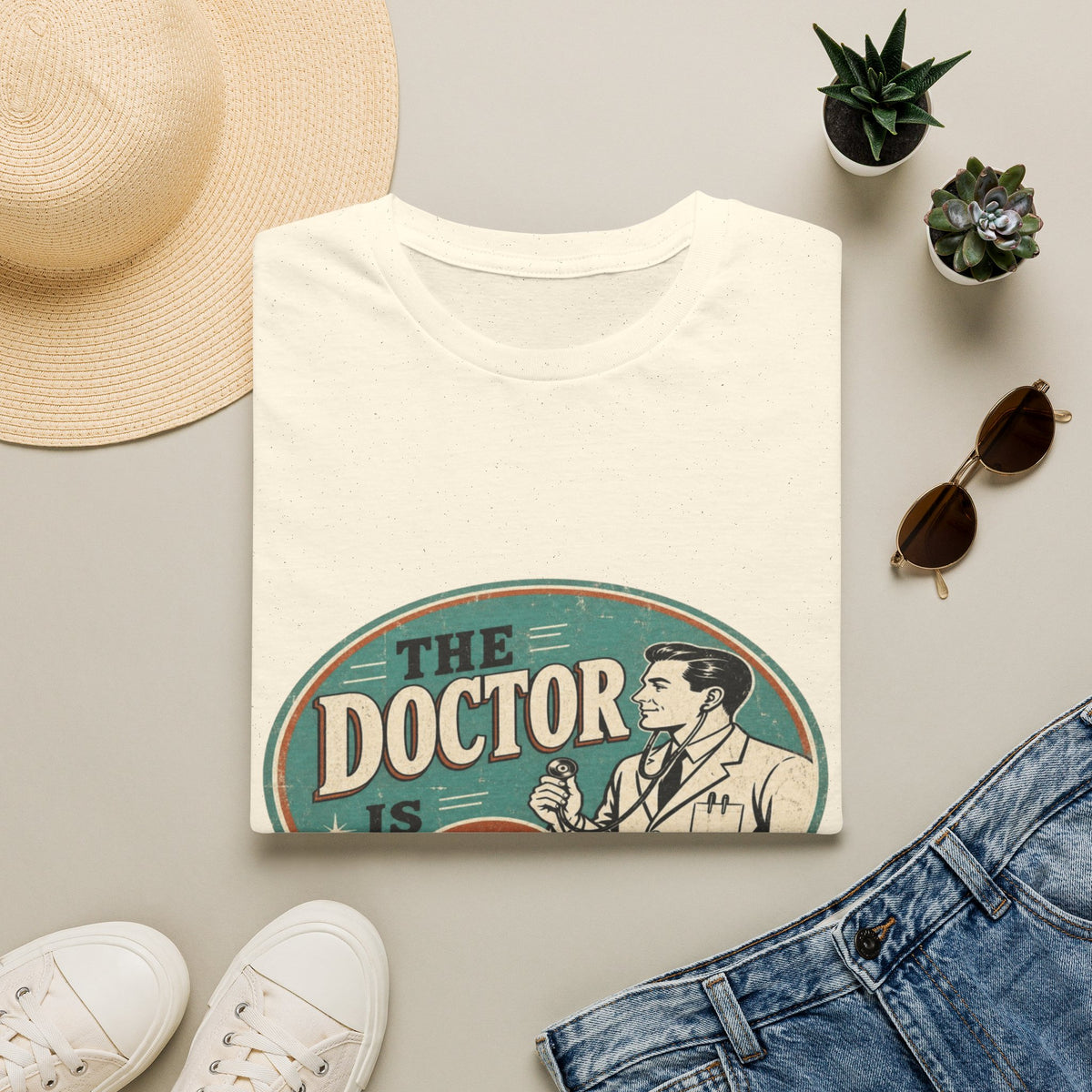 Vintage 1950s Doctor Office Graphic With Classic Badge- Graphic Tees