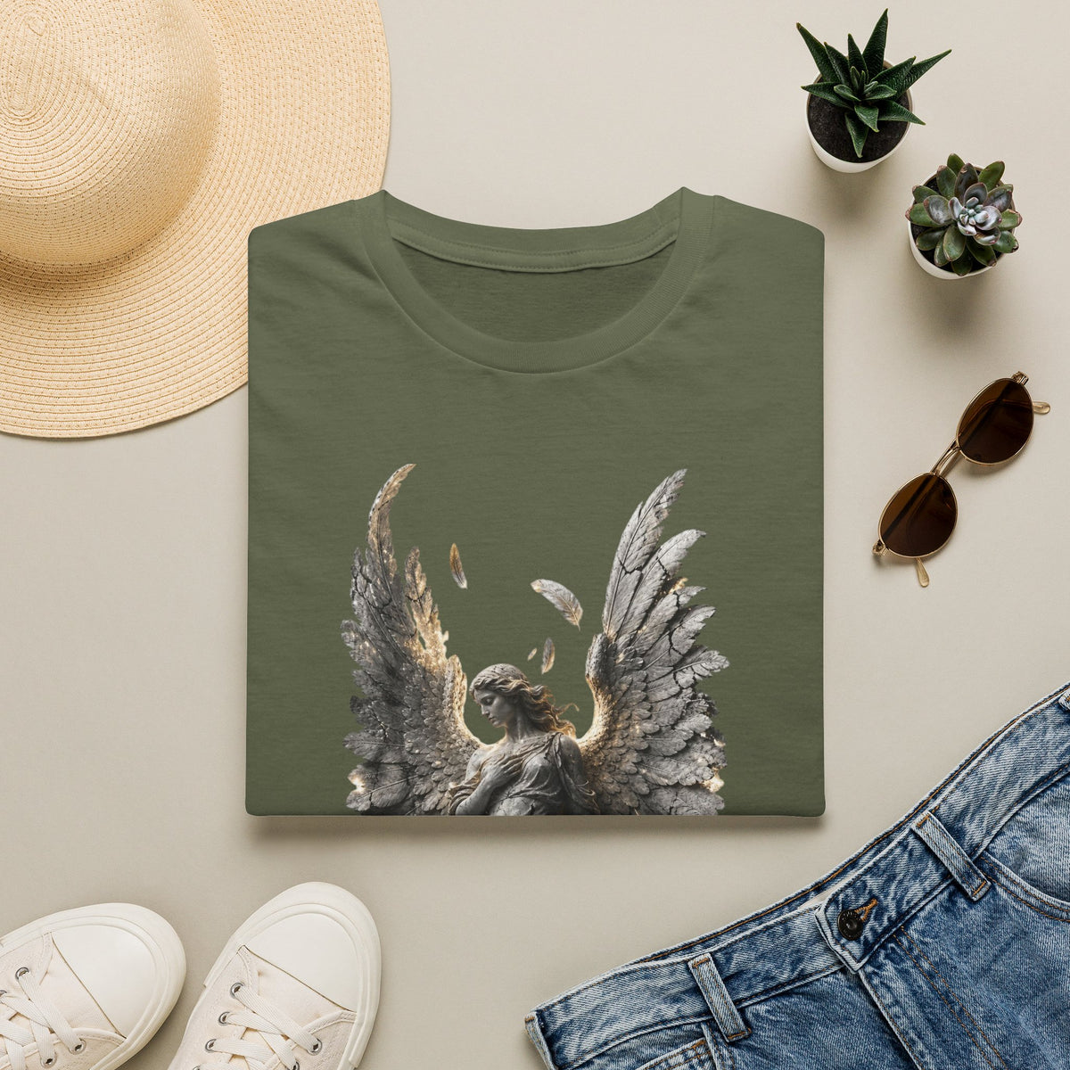 Angel Wings Graphic T-Shirt — Fallen Feather Statue Design
