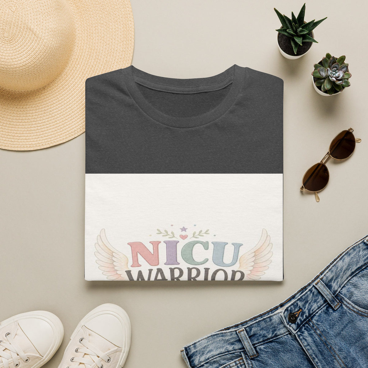 NICU Warrior Design With Baby Footprint And Angel Wings- Graphic Tees