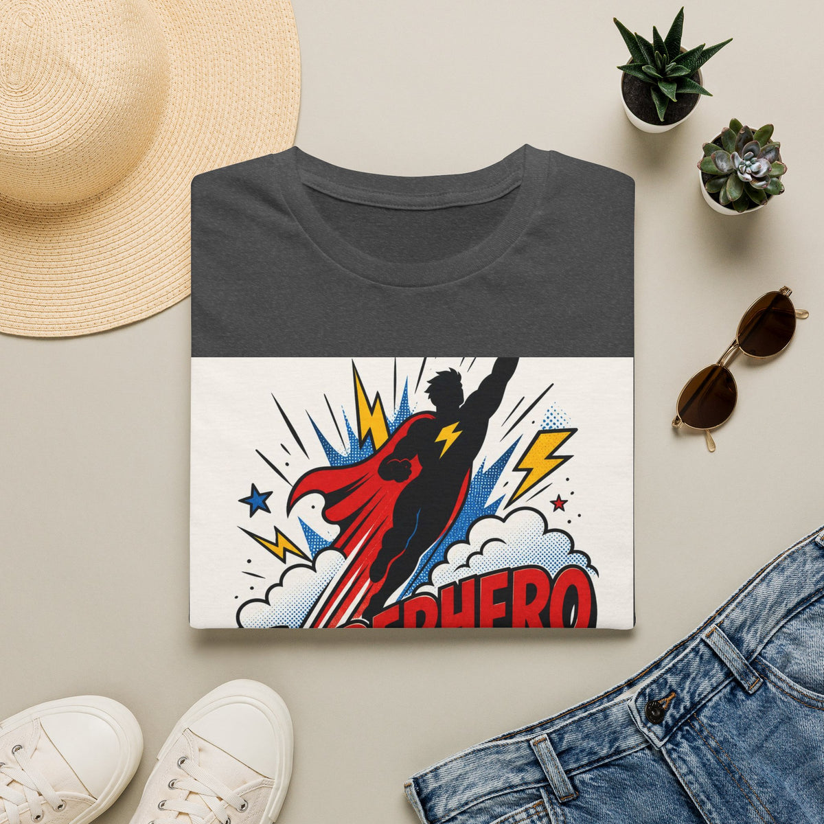 Dynamic Superhero Silhouette Soaring Through Colorful Clouds