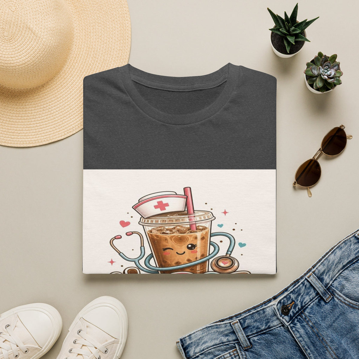 Cute T-Shirt Design Featuring Iced Coffee And Nurse Cap- Graphic Tees