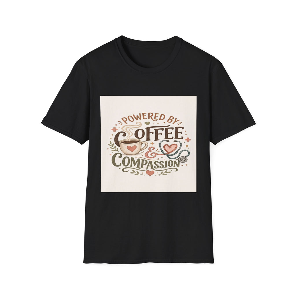 Cozy T-shirt Design Featuring Hand-Lettered Coffee and Compassion- Graphic Tees