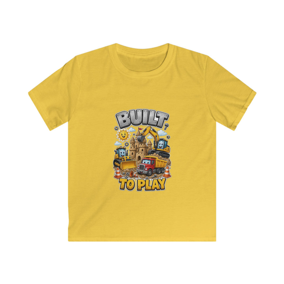 Kids Tee — "Built to Play" Construction Trucks Graphic