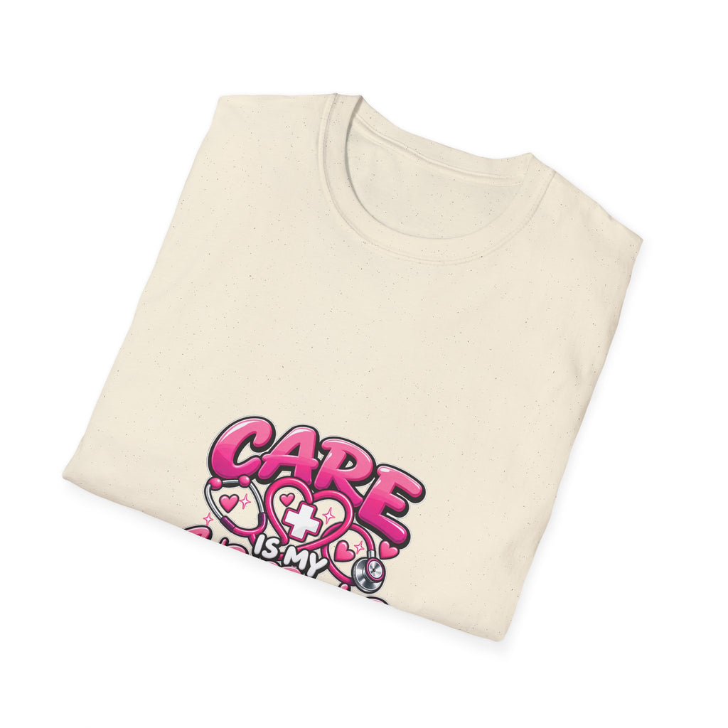 Care Is My Superpower T-Shirt — Cute Pink Heartcare Graphic Tee for Nurses & Caregivers