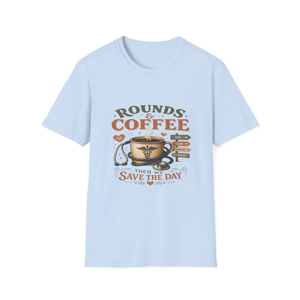 Coffee Cup With Stethoscope Combining Vintage Café And Medical Aesthetics- Graphic Tees