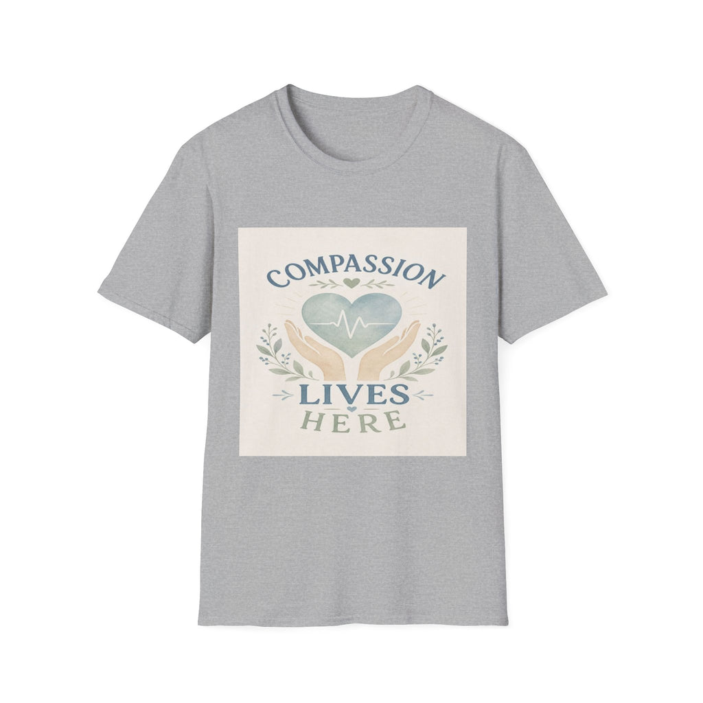 T-shirt Design Featuring Compassion Lives Here With Heart and Hands- Graphic Tees