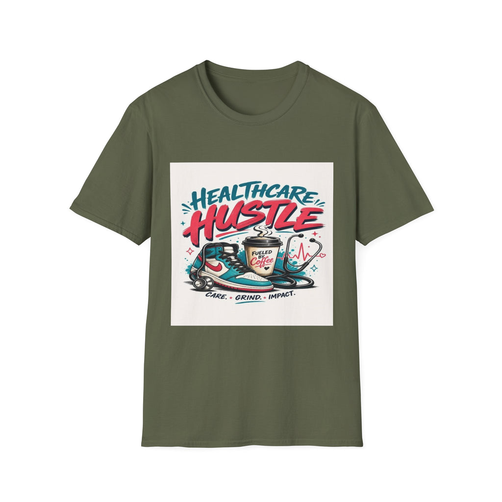 Dynamic T-Shirt Design Featuring Healthcare Hustle Text- Graphic Tees