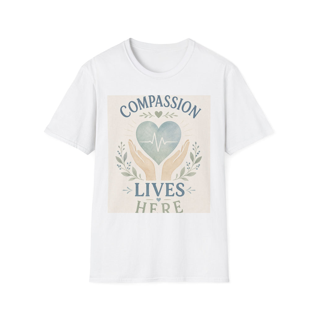 T Shirt Design Featuring Compassion Lives Here With Heart And Hands