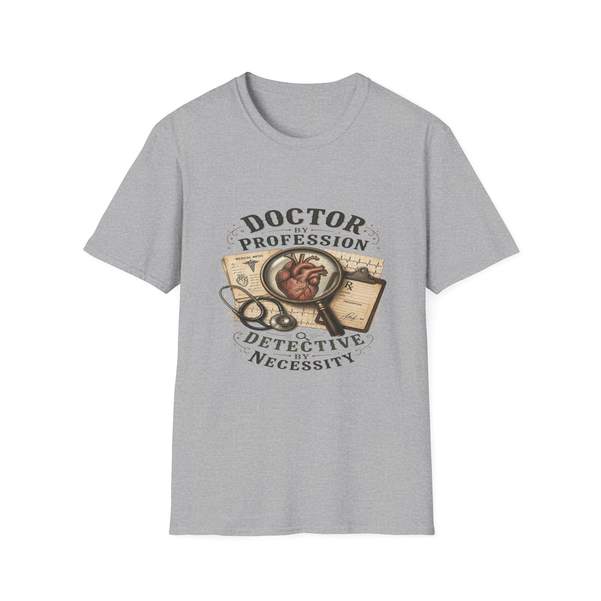 Vintage Detective-Inspired T-Shirt Featuring Anatomical Heart And Magnifying Glass- Graphic Tees