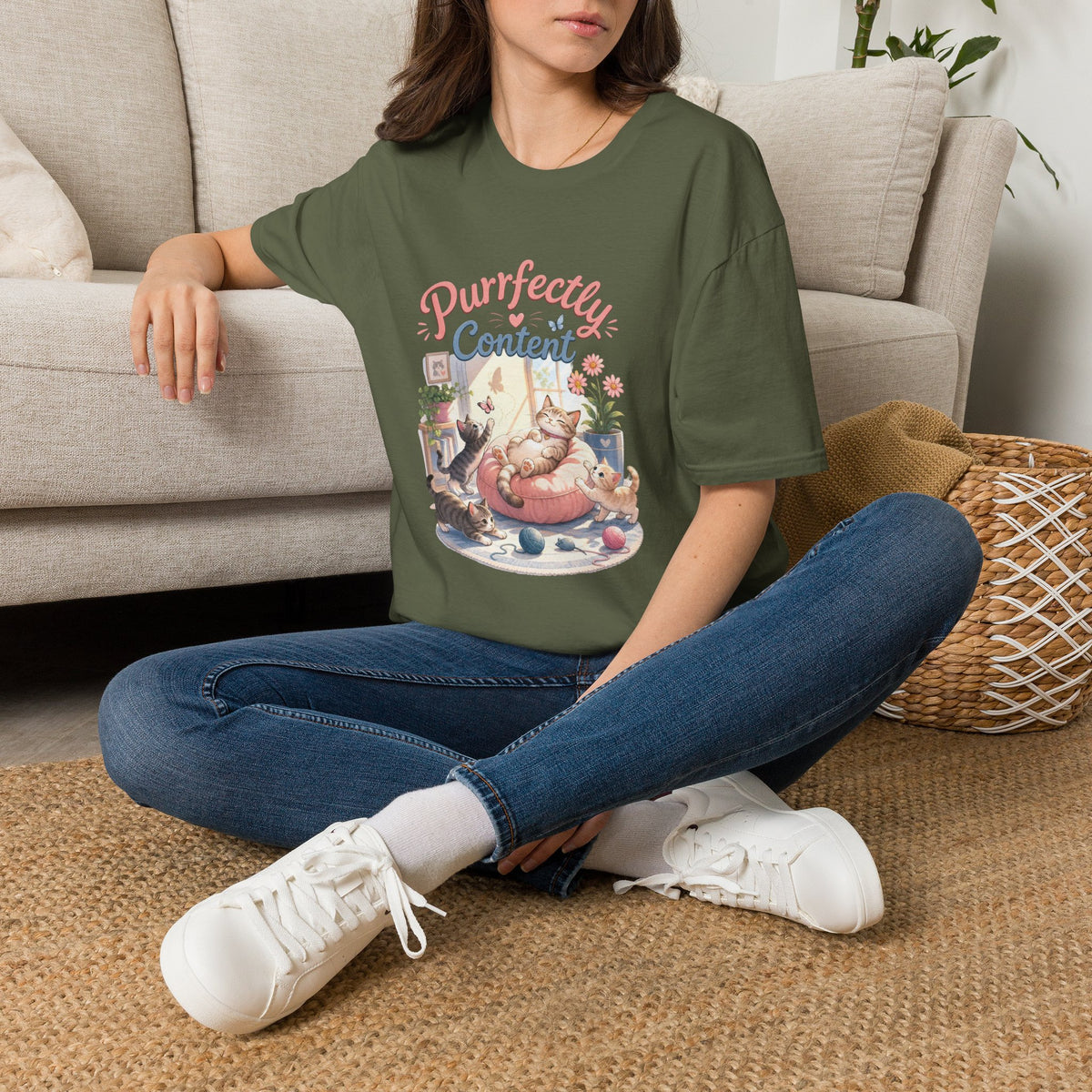 Purrfectly Content T-Shirt — Cute Cat Graphic Tee for Cat Lovers