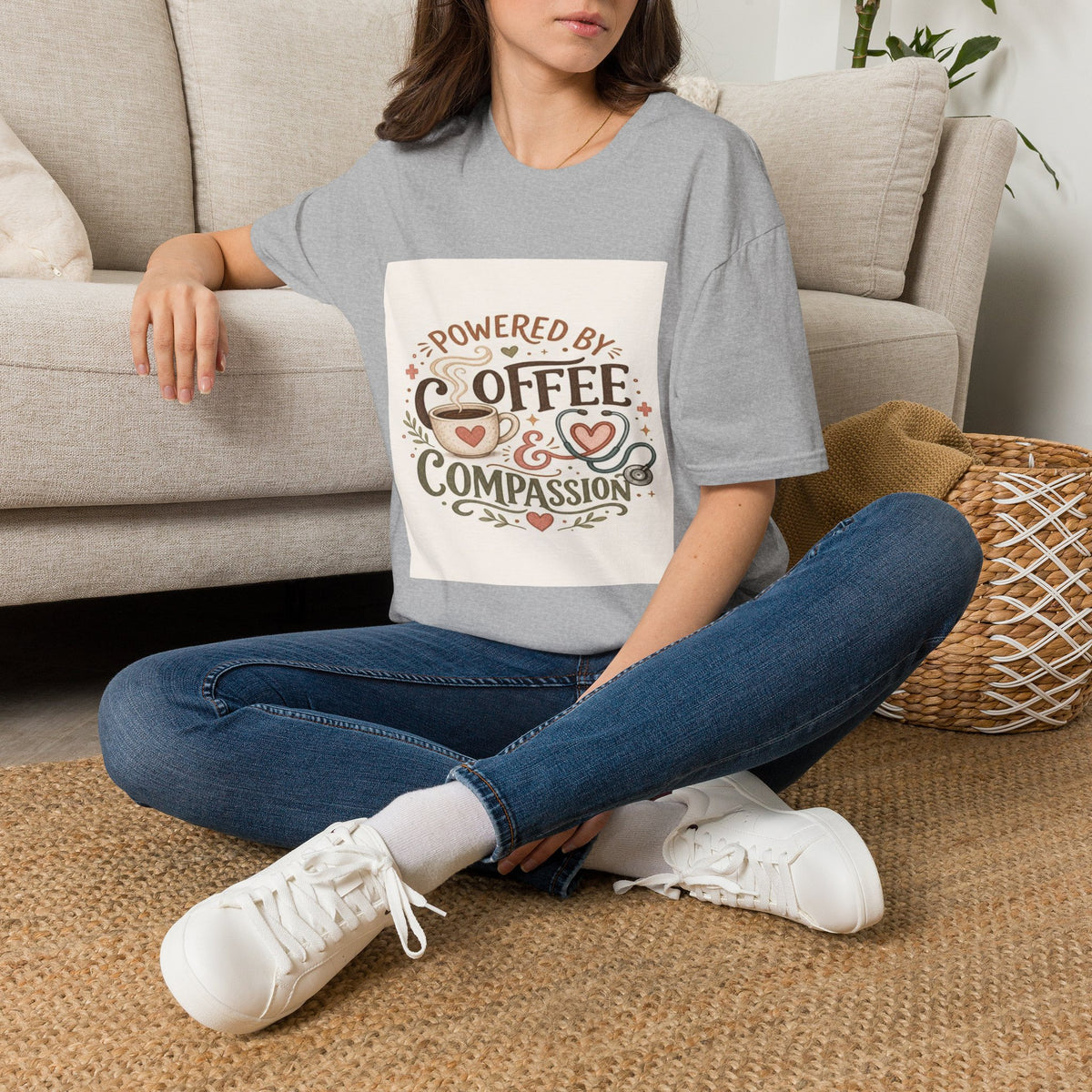 Cozy T-shirt Design Featuring Hand-Lettered Coffee and Compassion- Graphic Tees