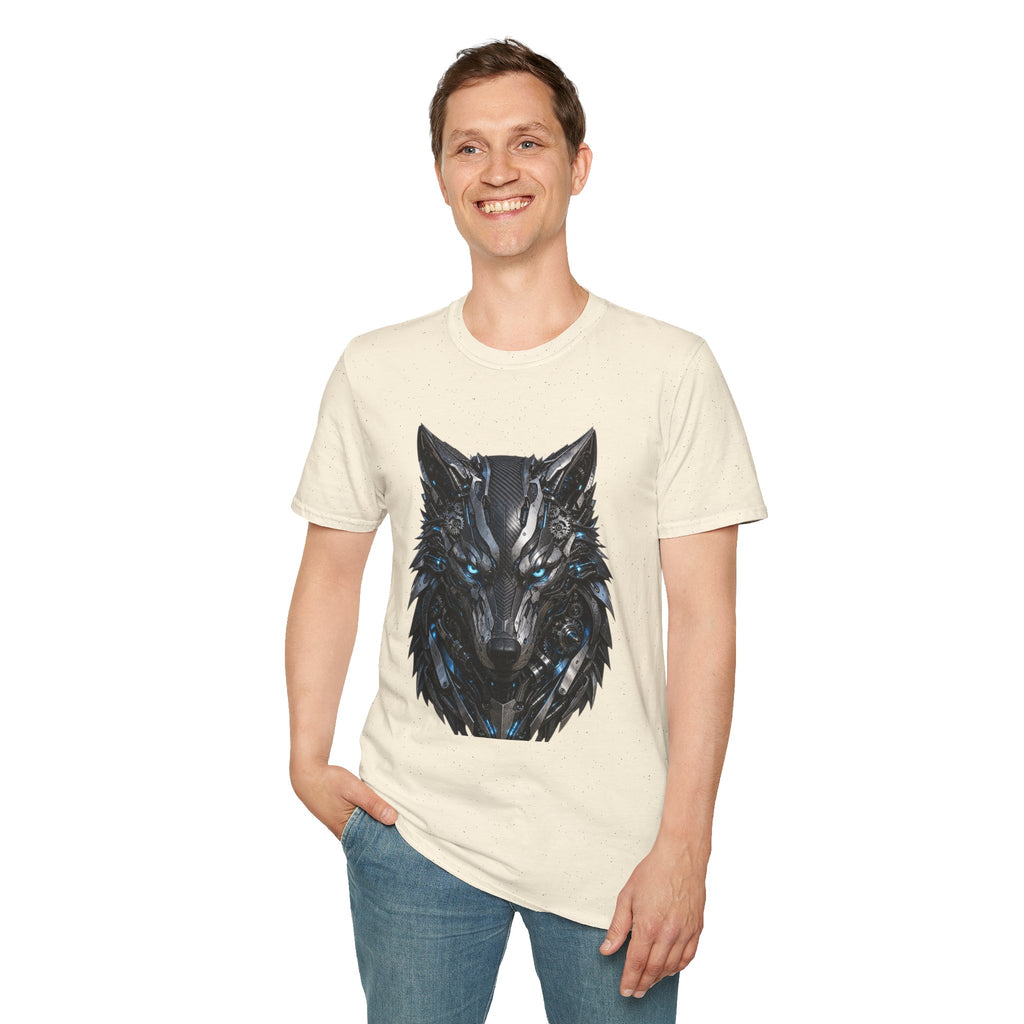 Wolf Mask T-Shirt — Futuristic Blue-Eyed Cyber Wolf Graphic Tee