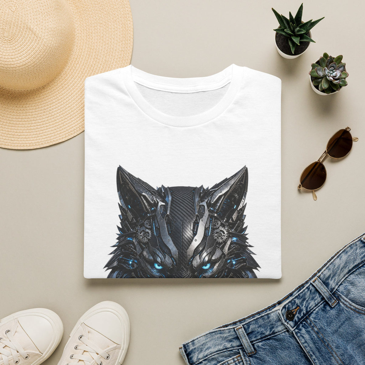 Wolf Mask T-Shirt — Futuristic Blue-Eyed Cyber Wolf Graphic Tee