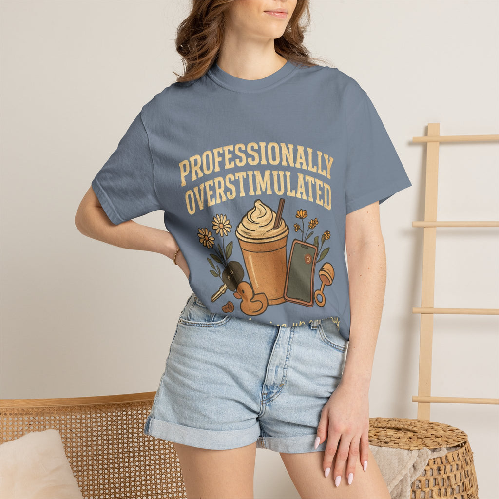 Professionally Overstimulated Graphic T-Shirt — Coffee, Phone & Cozy Aesthetic