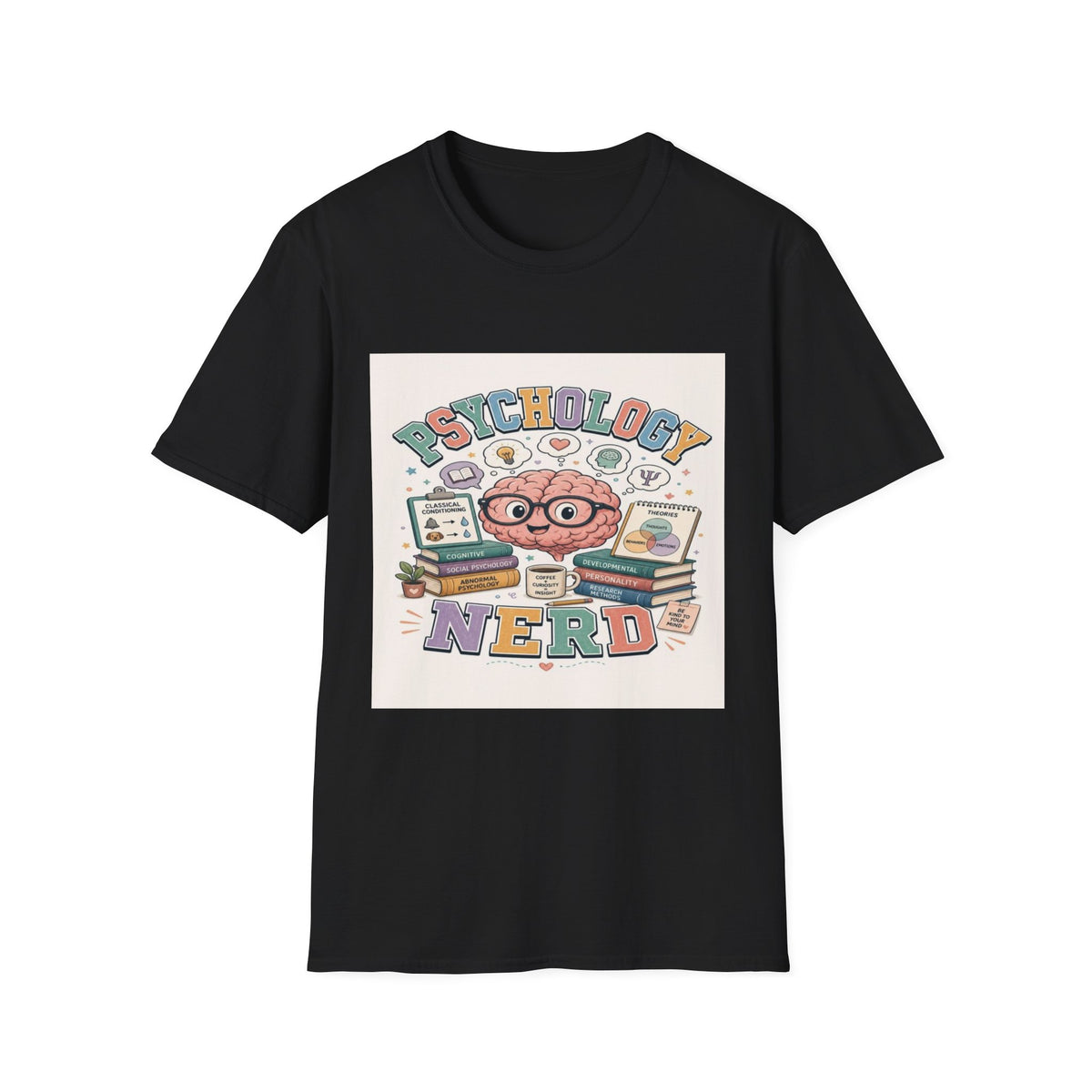 Playful Psychology Nerd T-Shirt Design Featuring Brain And Books- Graphic Tees