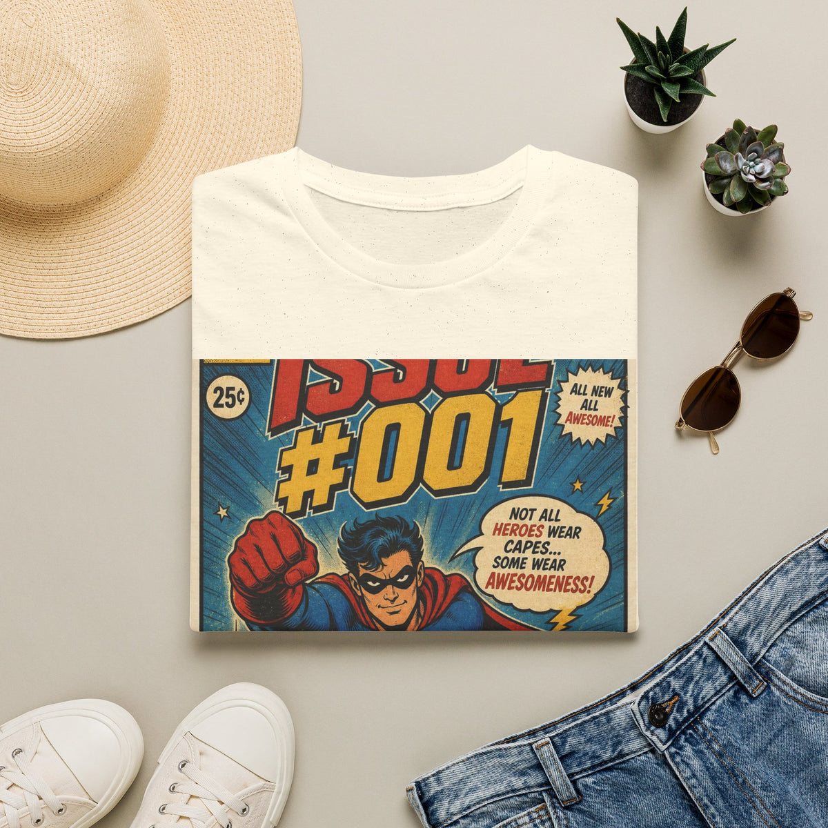 Vintage Comic Book T Shirt Design Featuring Original Superhero