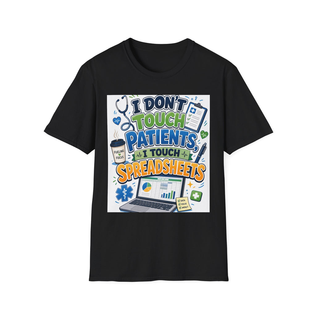 Humorous T Shirt Design Featuring Playful Healthcare And Spreadsheet Imagery