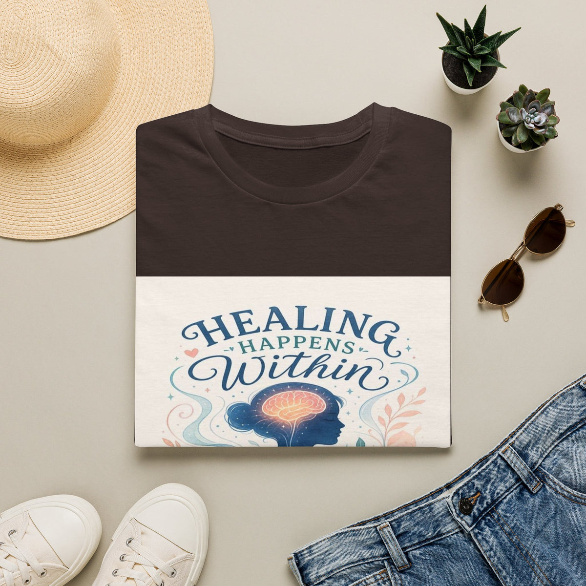 Human Silhouette With Glowing Brain And Heart Design- Graphic Tees