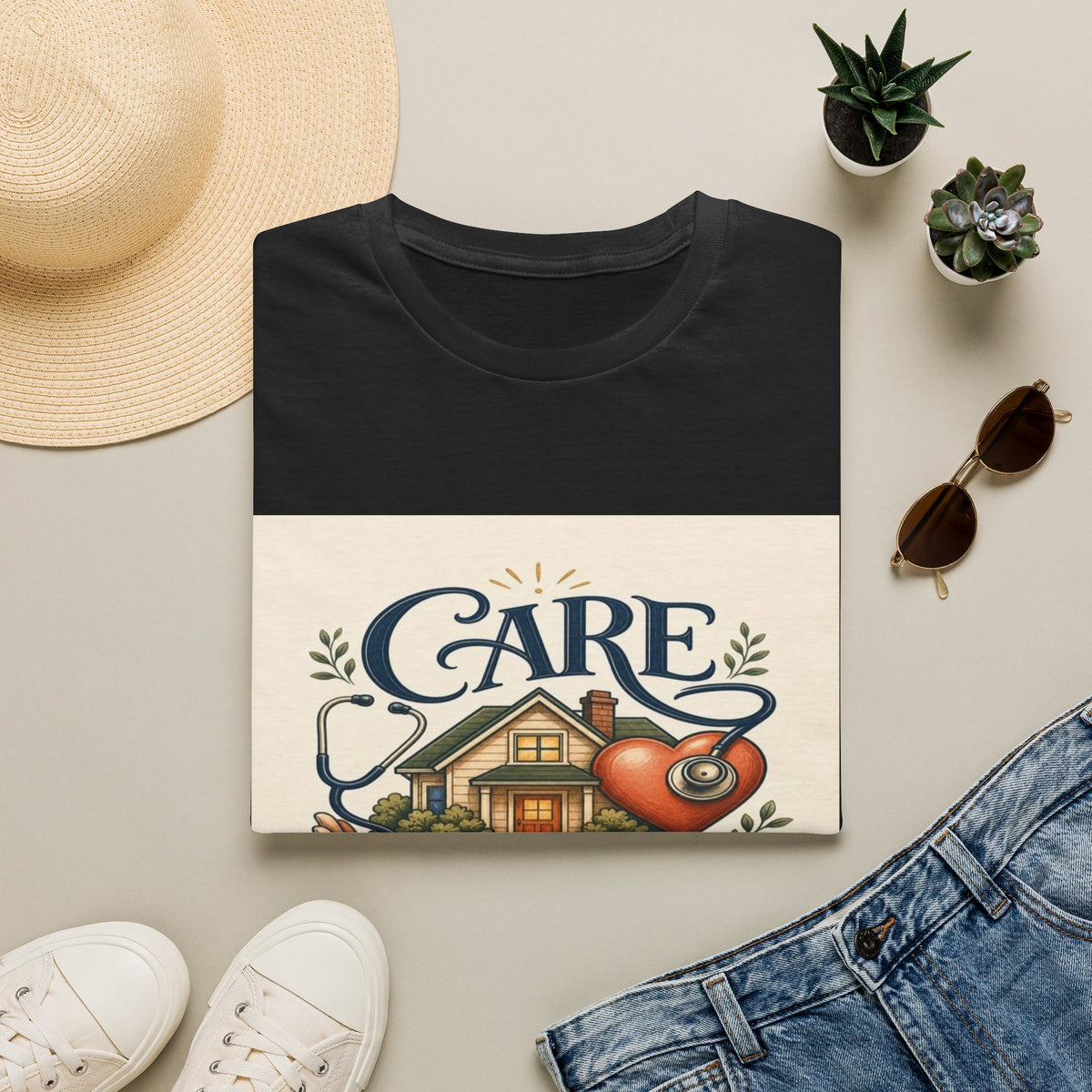 T-shirt Design Featuring Care Comes Home With Warm Illustrations- Graphic Tees