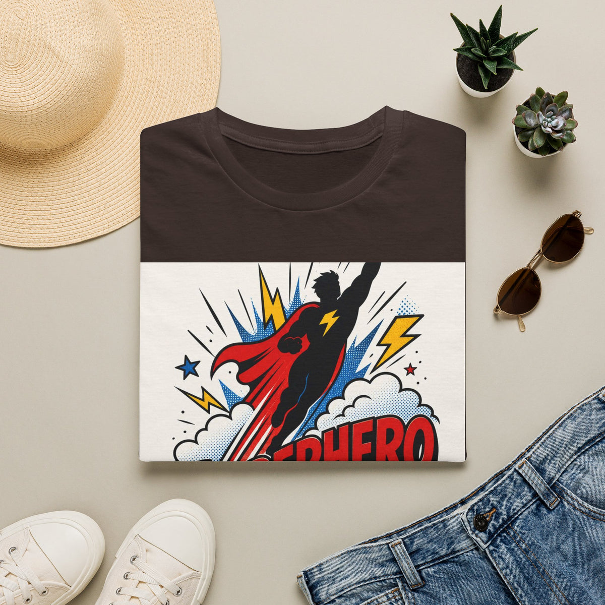 Dynamic Superhero Silhouette Soaring Through Colorful Clouds