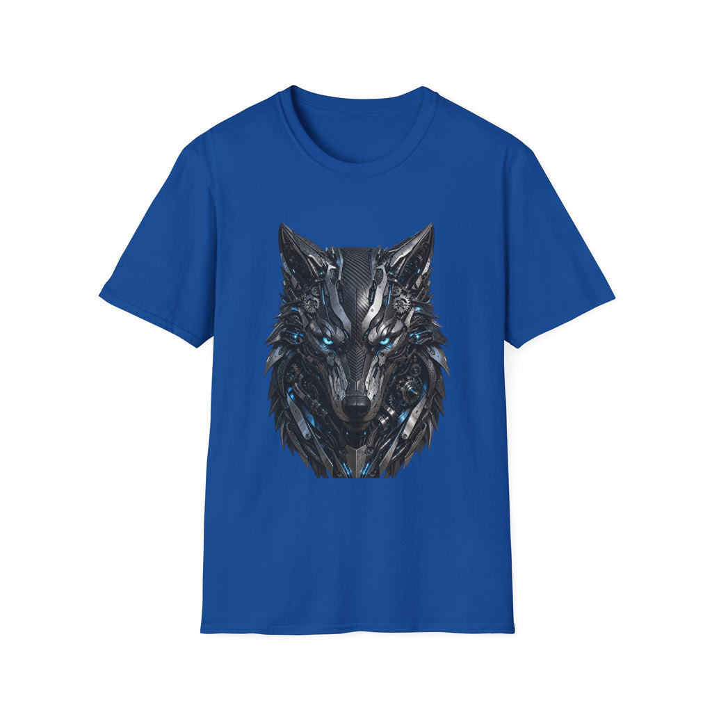 Wolf Mask T-Shirt — Futuristic Blue-Eyed Cyber Wolf Graphic Tee