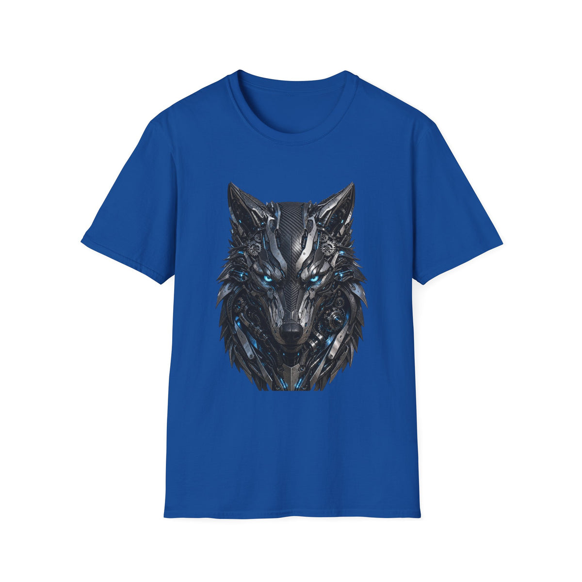 Wolf Mask T-Shirt — Futuristic Blue-Eyed Cyber Wolf Graphic Tee