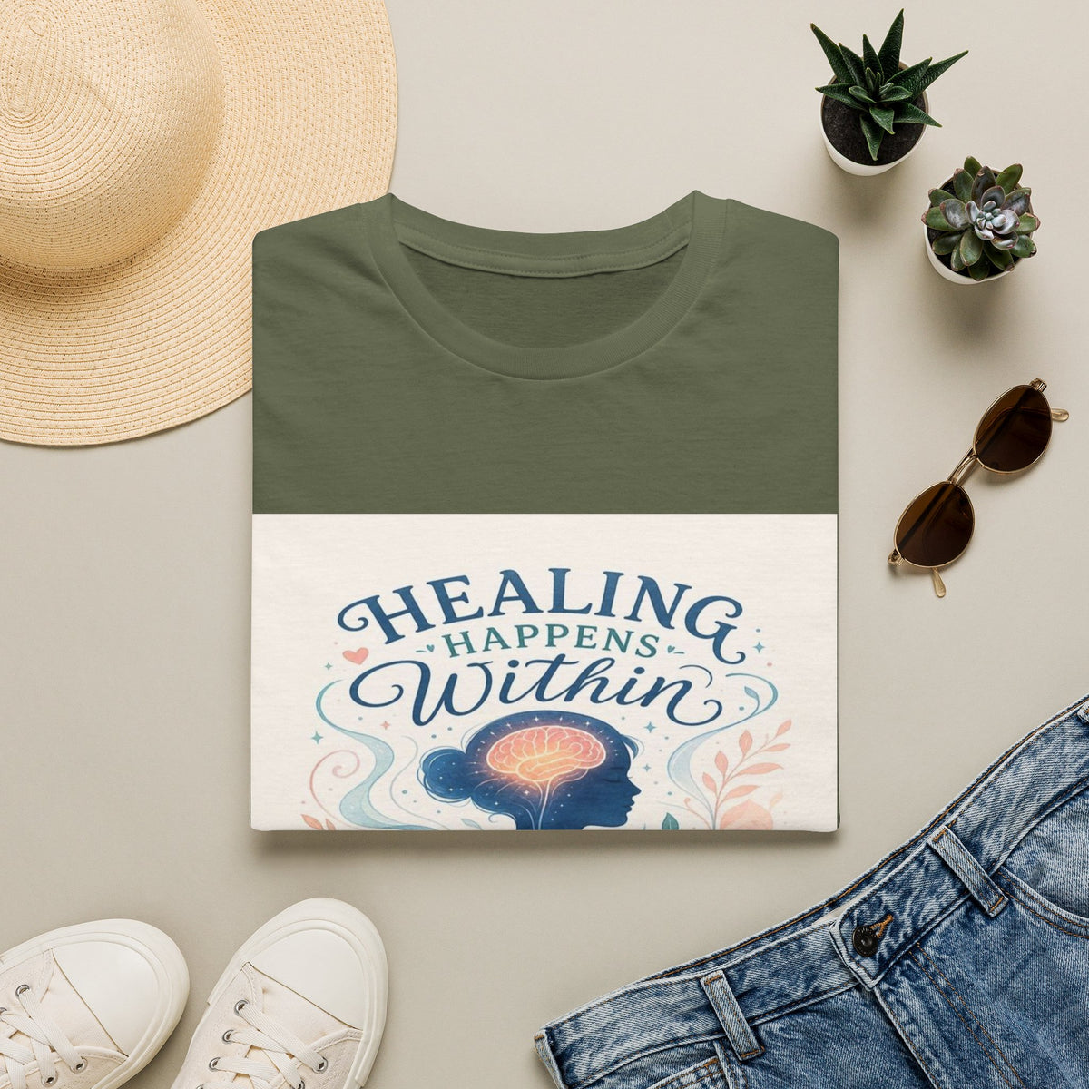 Human Silhouette With Glowing Brain And Heart Design- Graphic Tees