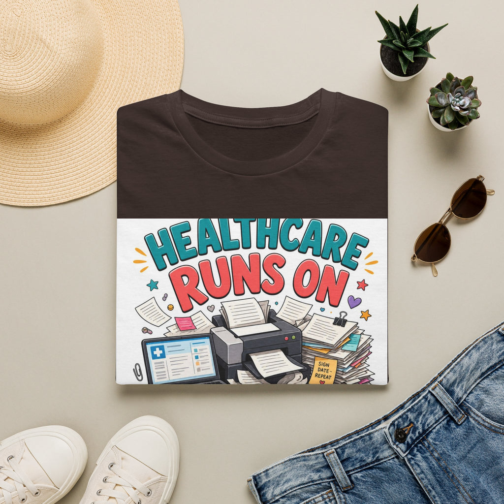 Humorous T Shirt Design Highlighting Healthcare's Paperwork Chaos