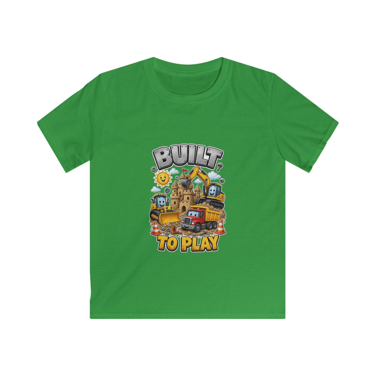 Kids Tee — "Built to Play" Construction Trucks Graphic