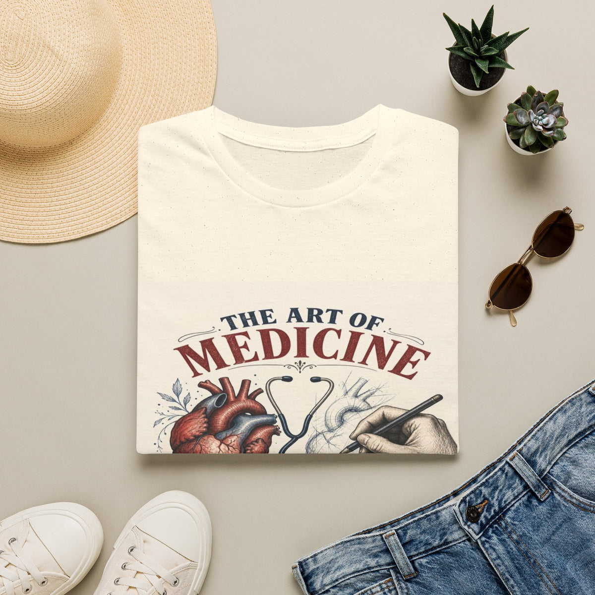 T-shirt Design Featuring Anatomical Heart And Sketching Hand- Graphic Tees