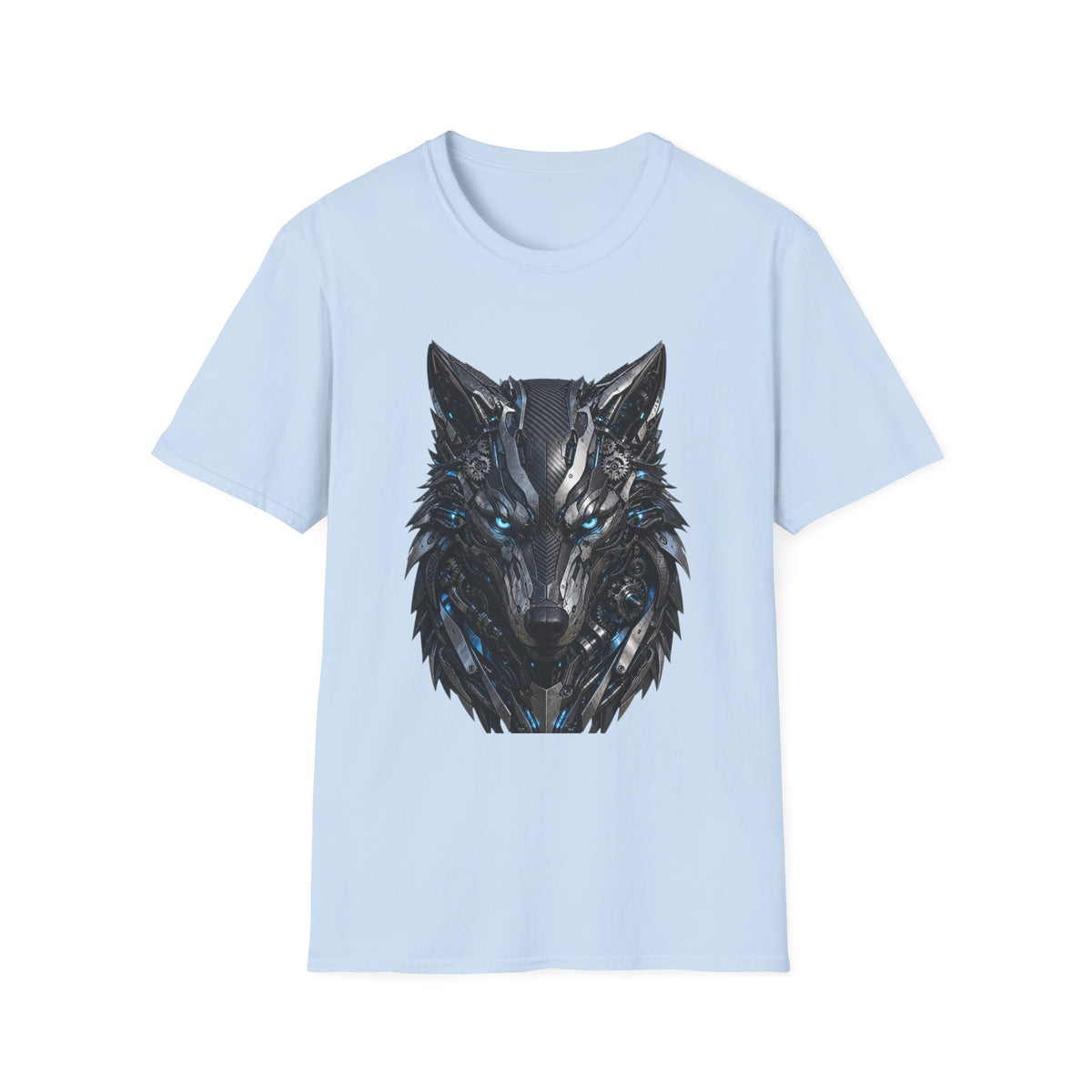Wolf Mask T-Shirt — Futuristic Blue-Eyed Cyber Wolf Graphic Tee