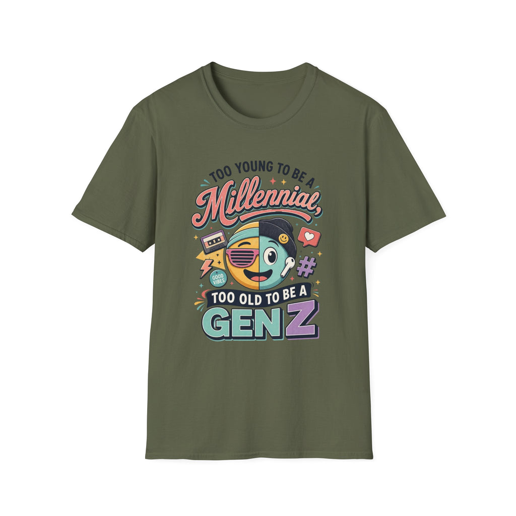 Millennial vs Gen Z Retro Graphic T‑Shirt — "Too Young to Be a Millennial, Too Old to Be a Gen Z"