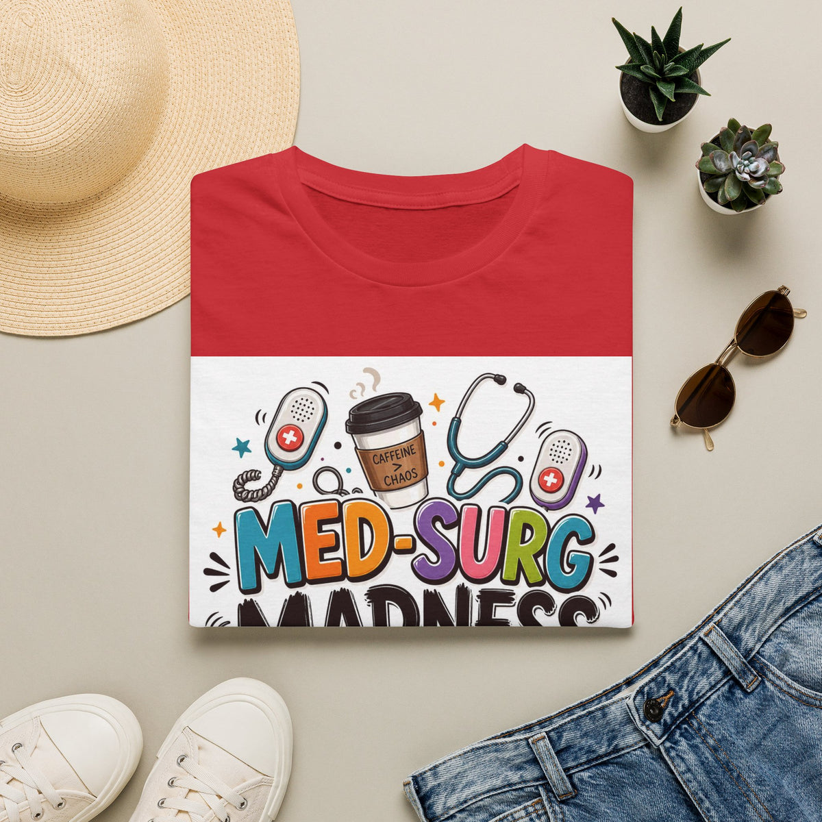Vibrant T Shirt Design Featuring MED SURG MADNESS Phrase (1)