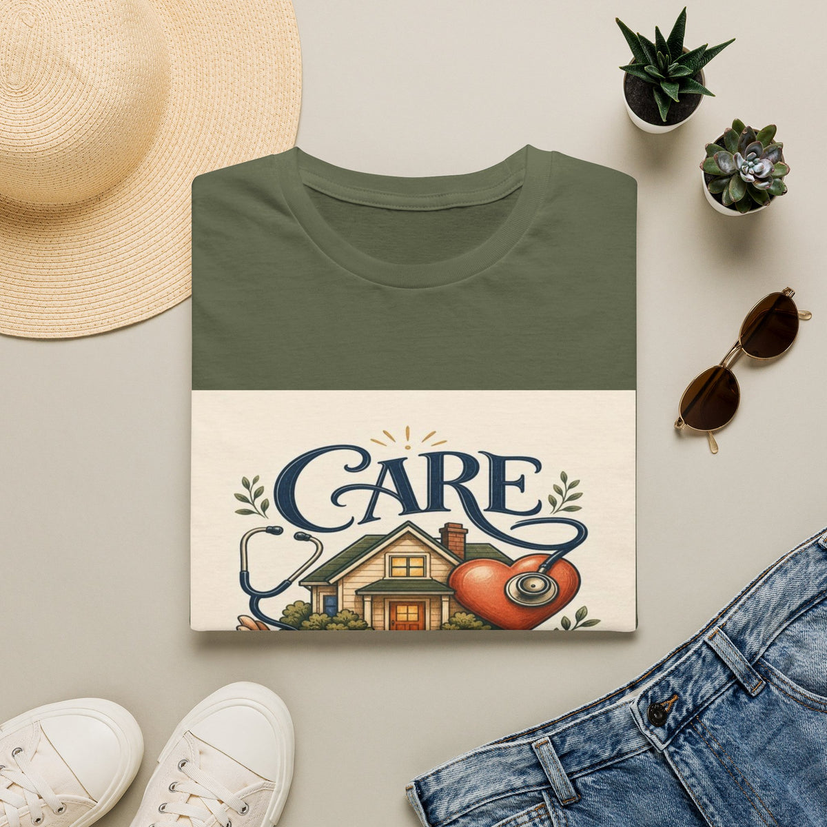 T-shirt Design Featuring Care Comes Home With Warm Illustrations- Graphic Tees