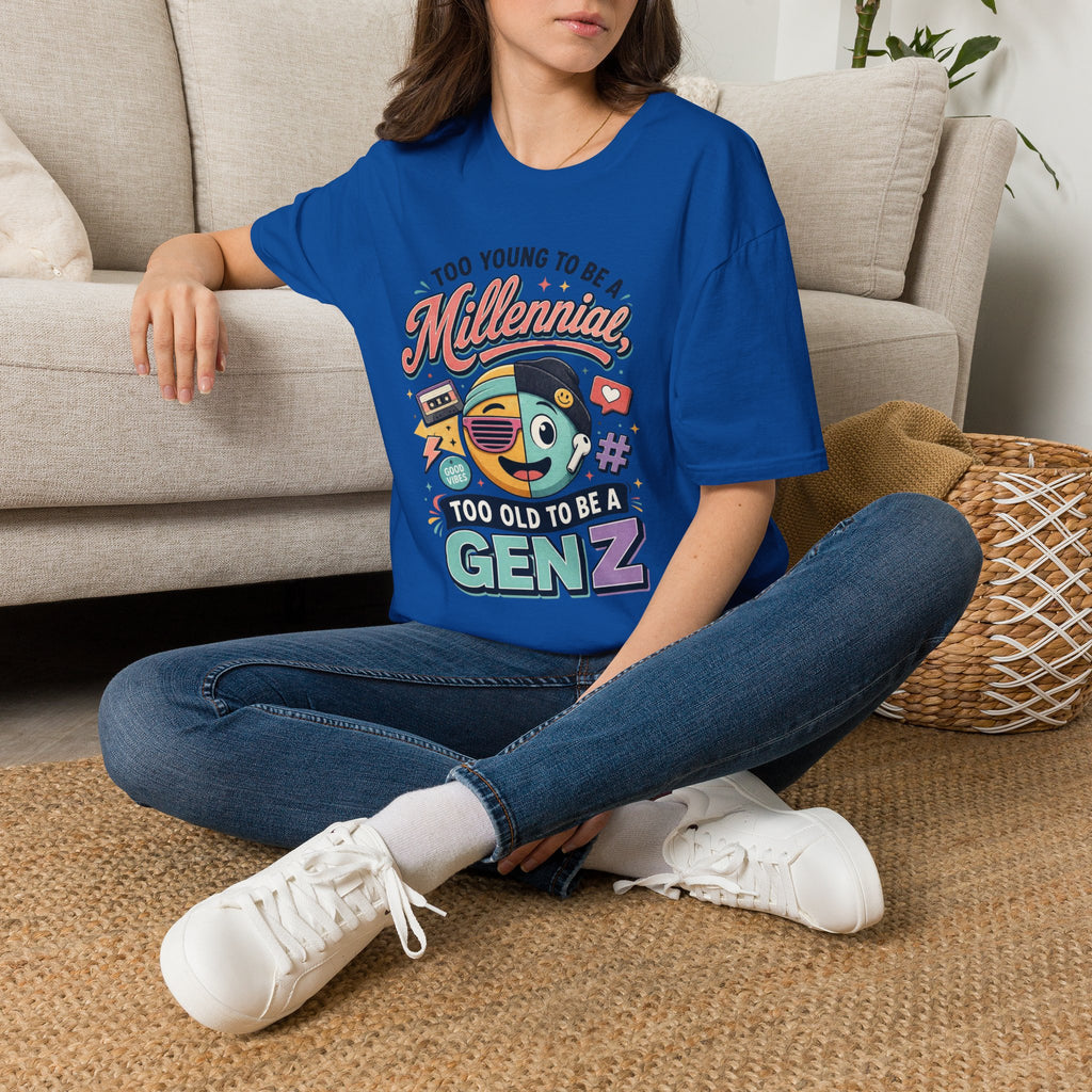 Millennial vs Gen Z Retro Graphic T‑Shirt — "Too Young to Be a Millennial, Too Old to Be a Gen Z"