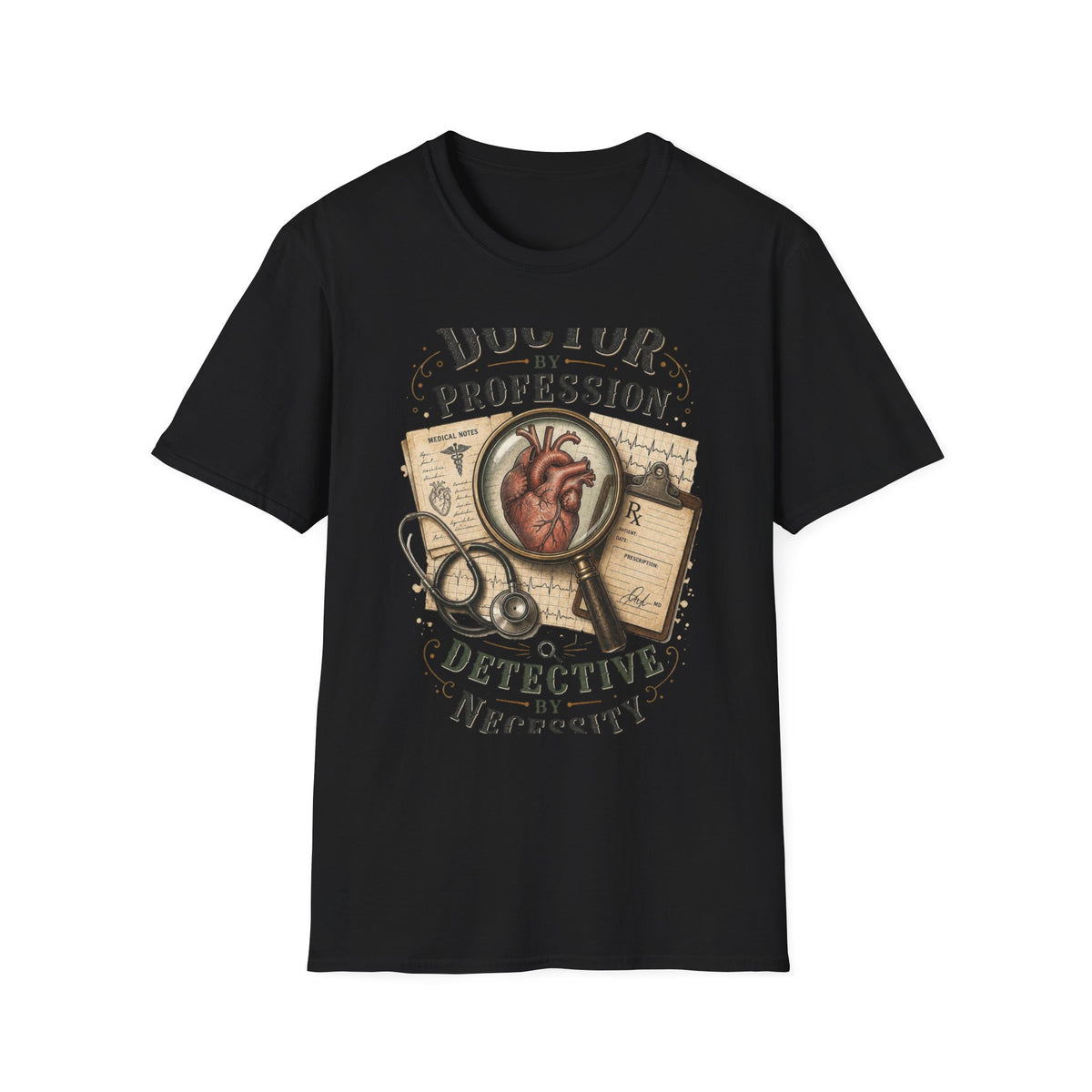 Vintage Detective Inspired T Shirt Featuring Anatomical Heart And Magnifying Glass