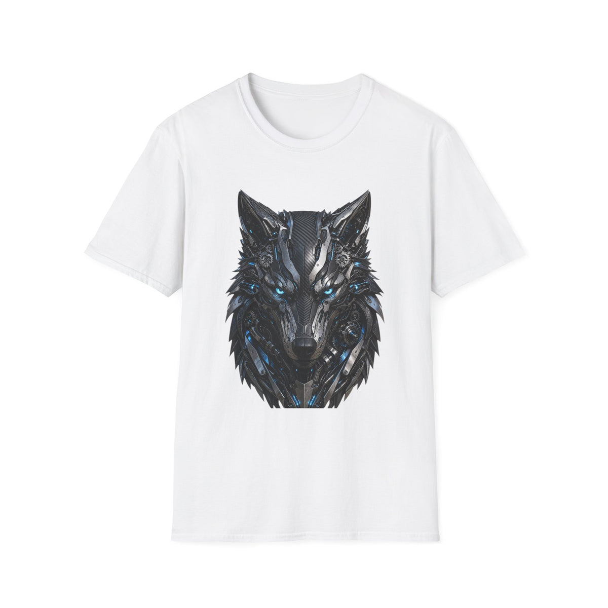 Wolf Mask T-Shirt — Futuristic Blue-Eyed Cyber Wolf Graphic Tee