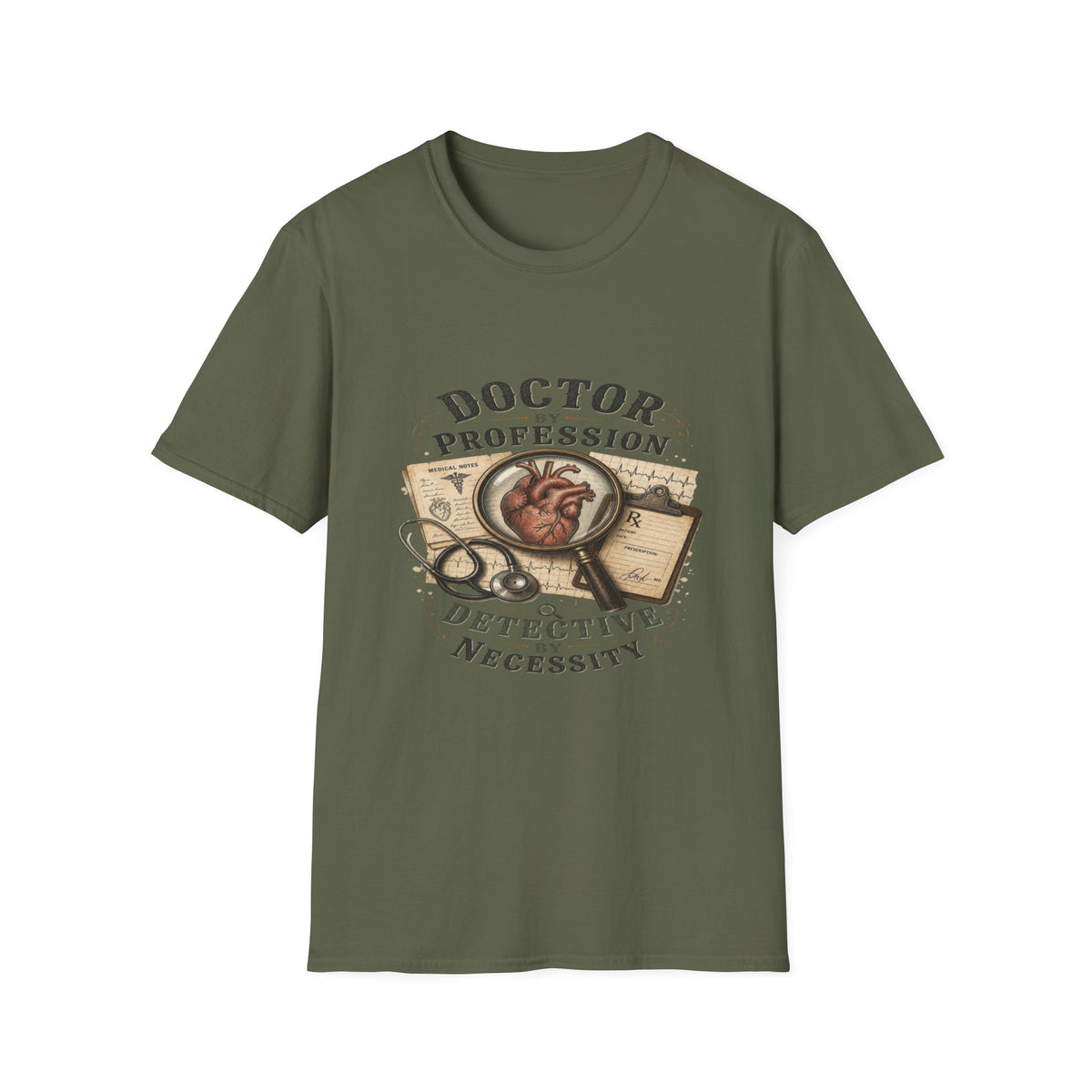 Vintage Detective-Inspired T-Shirt Featuring Anatomical Heart And Magnifying Glass- Graphic Tees