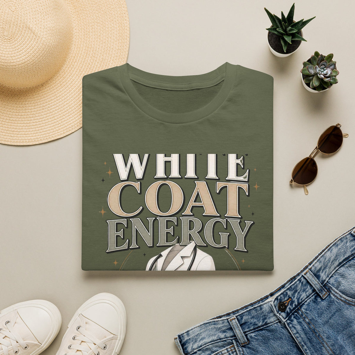 Elegant T Shirt Design Featuring White Coat Energy Typography