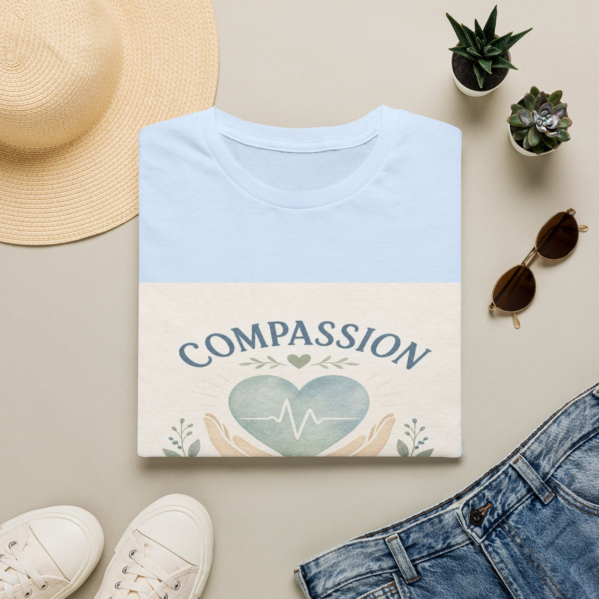 T-shirt Design Featuring Compassion Lives Here With Heart and Hands- Graphic Tees