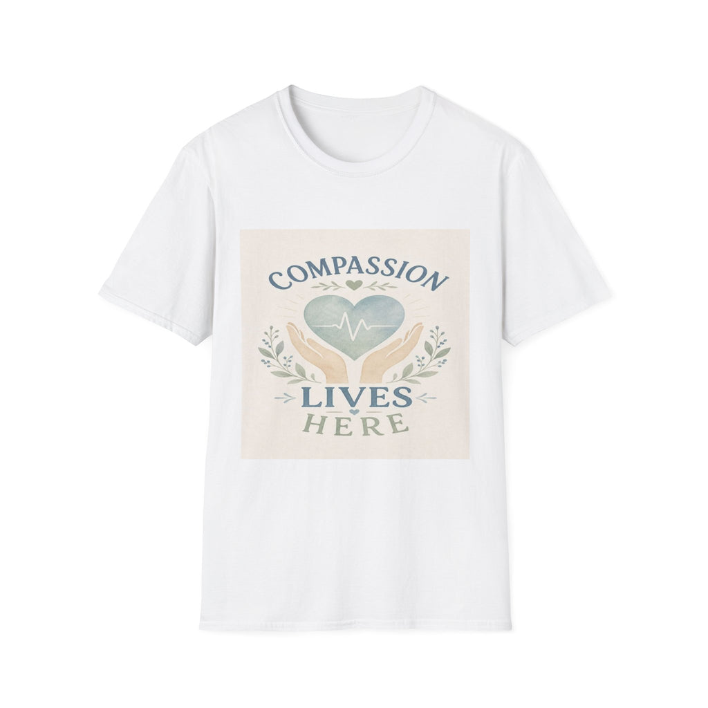 T-shirt Design Featuring Compassion Lives Here With Heart and Hands- Graphic Tees