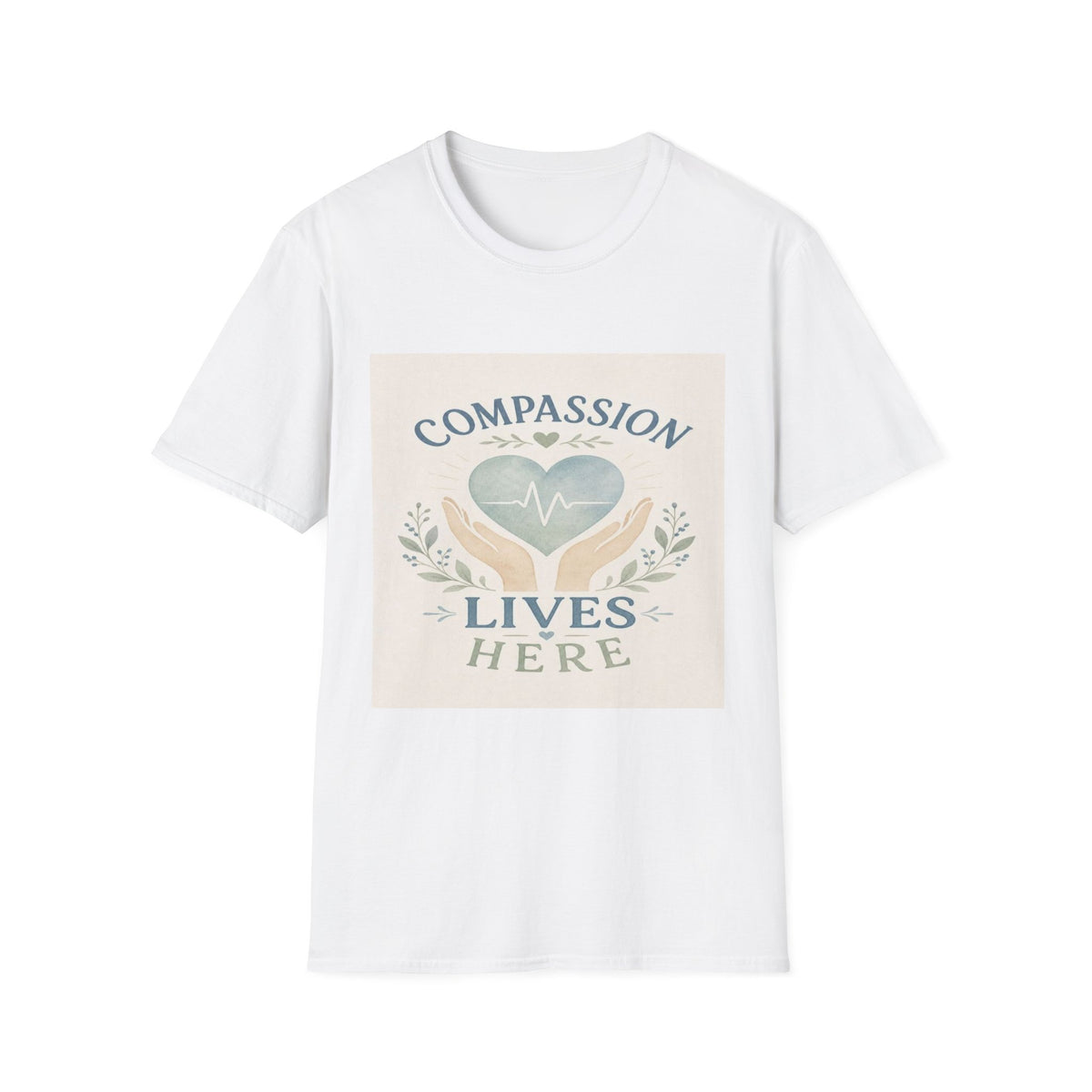 T-shirt Design Featuring Compassion Lives Here With Heart and Hands- Graphic Tees