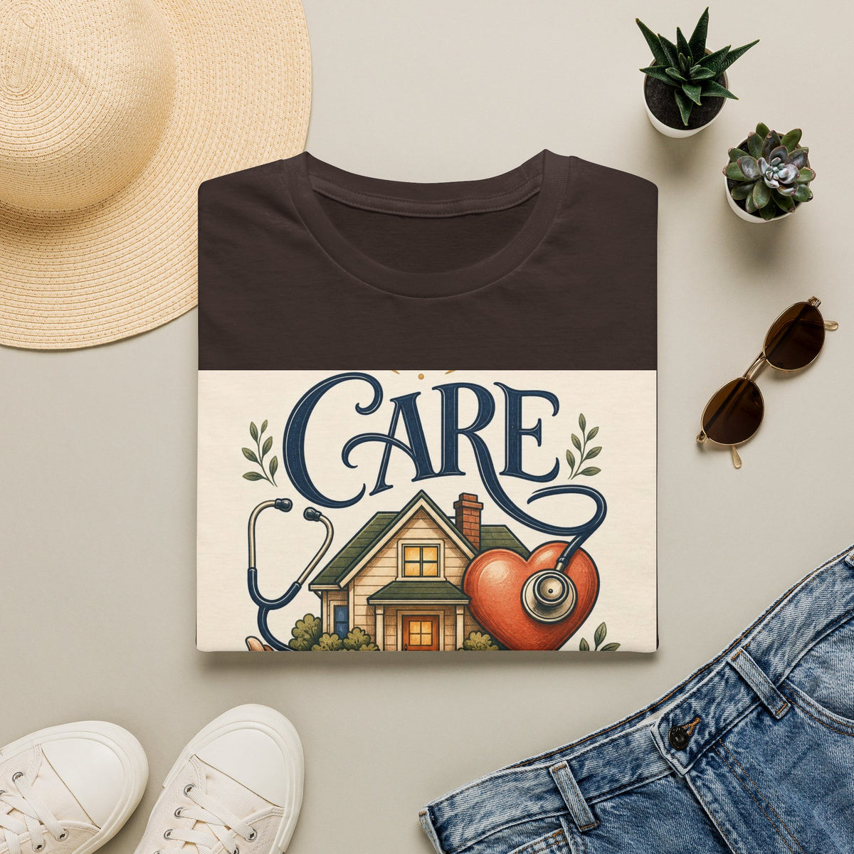 T Shirt Design Featuring Care Comes Home With Warm Illustrations