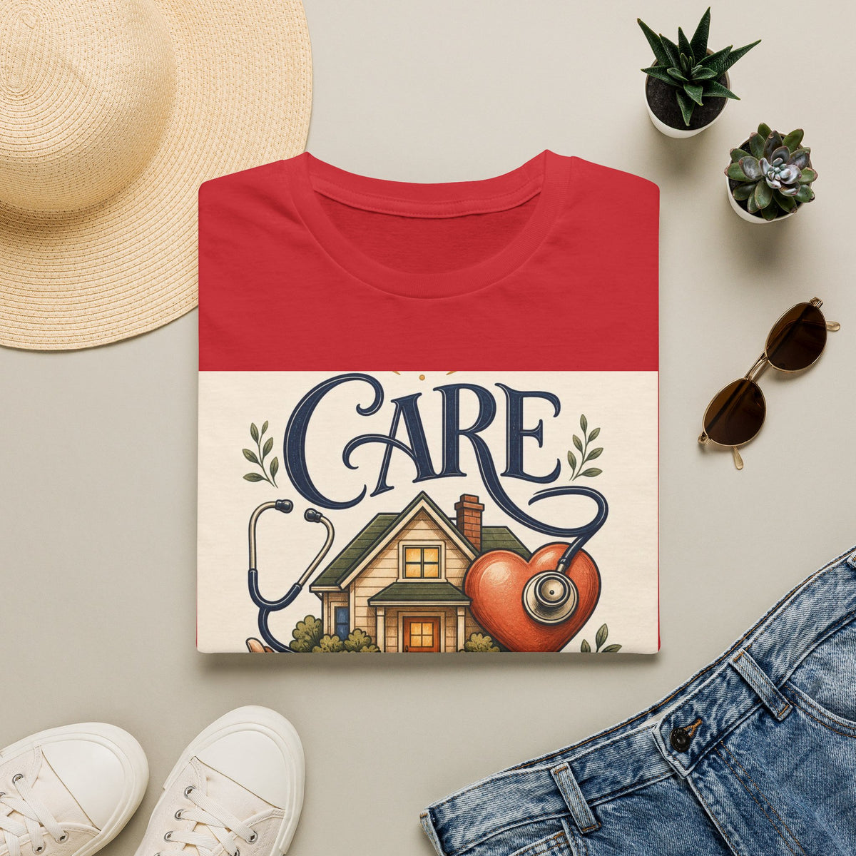 T Shirt Design Featuring Care Comes Home With Warm Illustrations