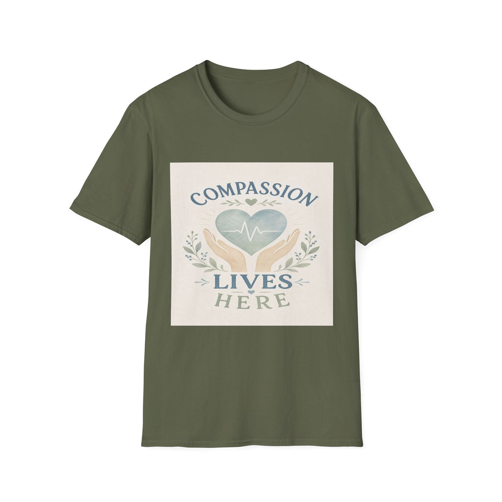 T-shirt Design Featuring Compassion Lives Here With Heart and Hands- Graphic Tees