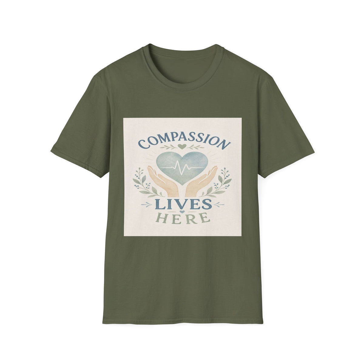 T-shirt Design Featuring Compassion Lives Here With Heart and Hands- Graphic Tees