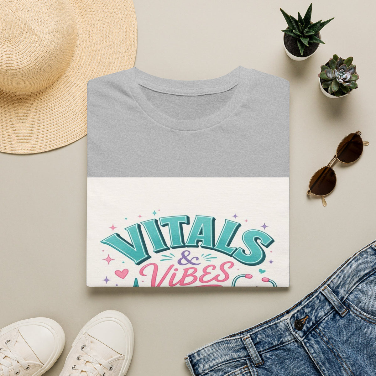 Trendy T-Shirt Design Featuring Vitals And Vibes Phrase- Graphic Tees