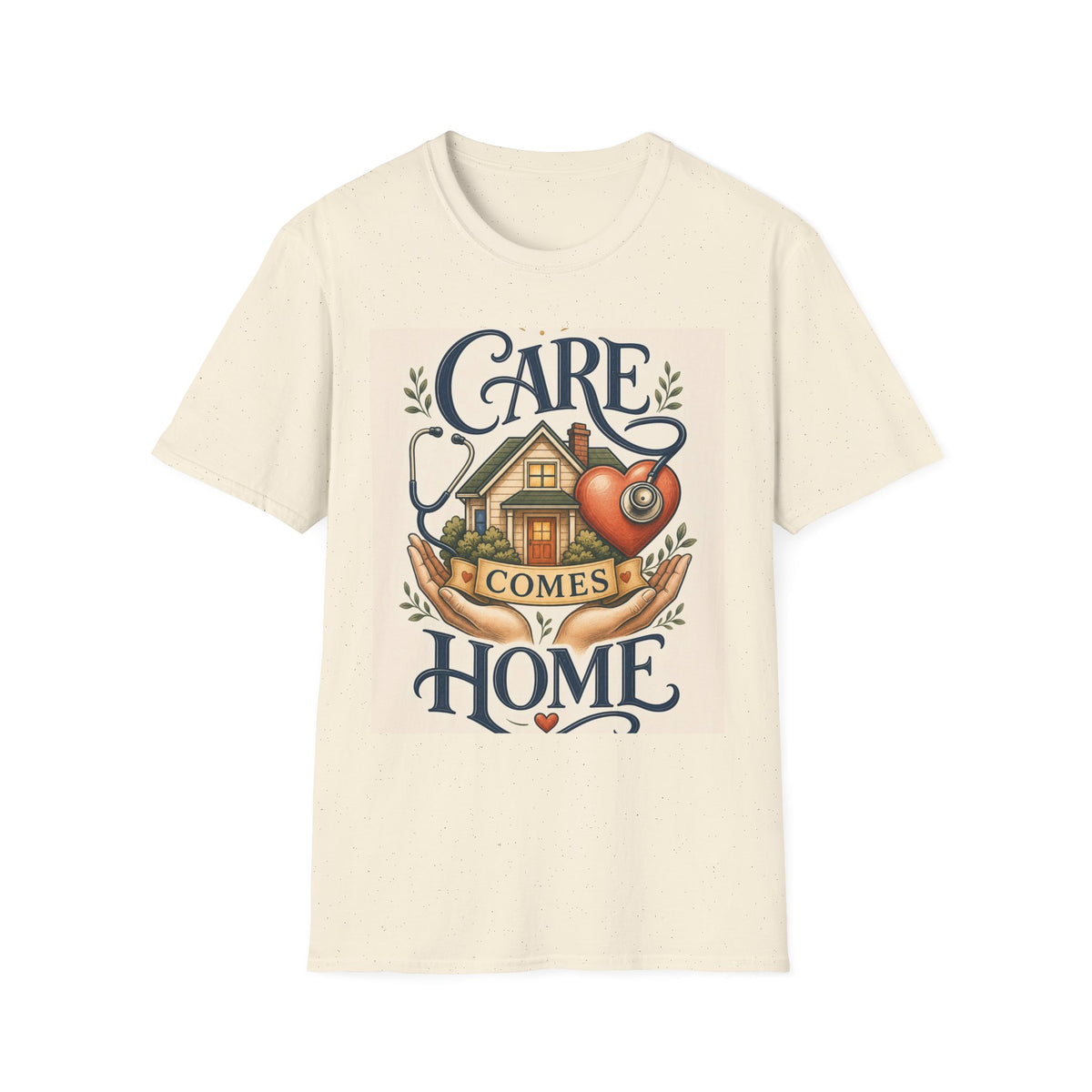 T Shirt Design Featuring Care Comes Home With Warm Illustrations