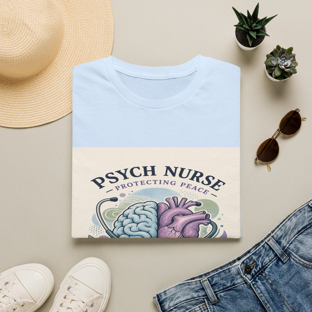Stylized Brain And Heart Illustration With Stethoscope Art- Graphic Tees